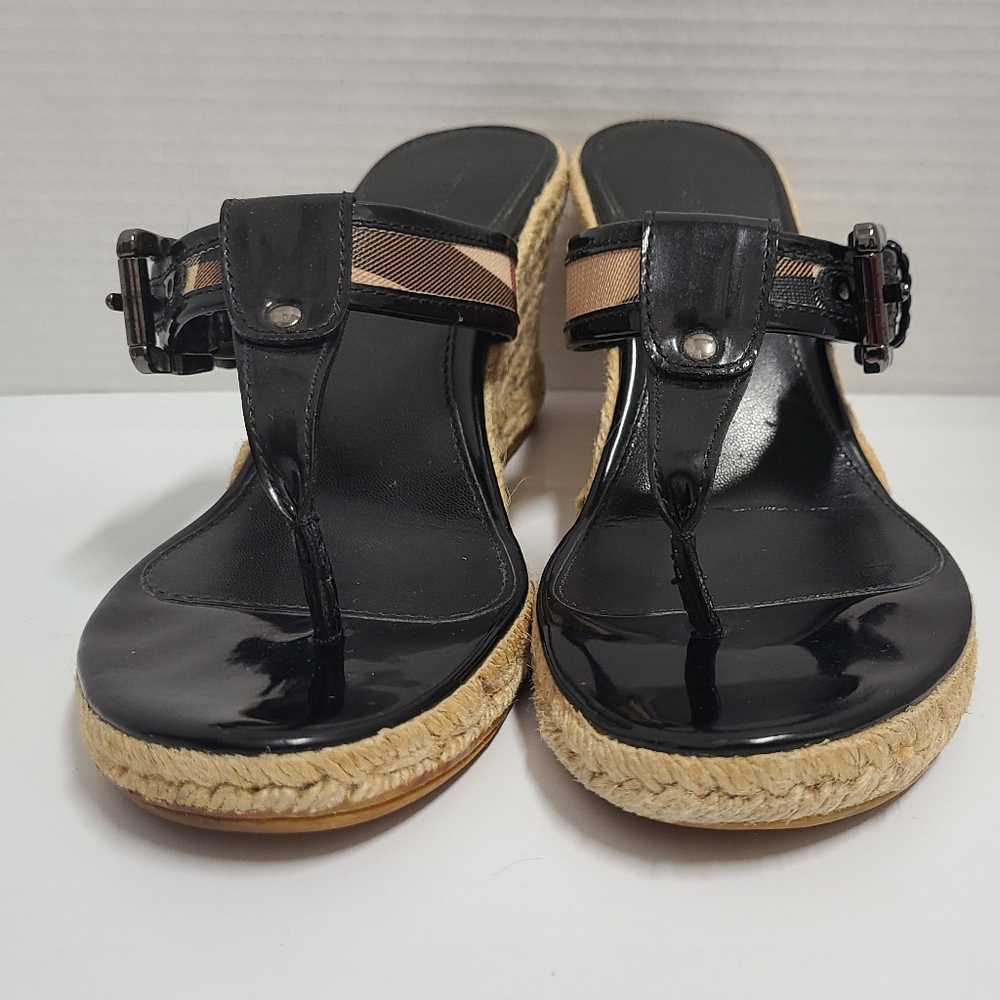 Burberry Vintage Black Patent Nova Check Wedge Thong Sandals with Box Sz 41 US 9 - Picture 8 of 16